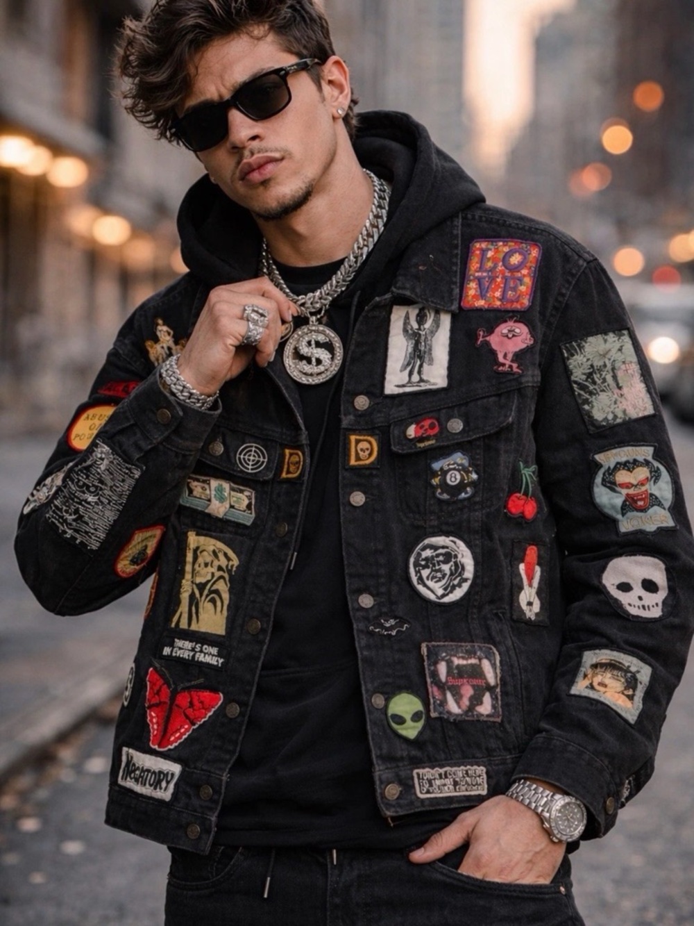 Supreme Patches Denim Trucker Jacket Black Sz. L SS18 Rare Patchwork Streetwear